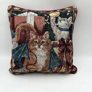 Vtg Christmas Curiosity CATS THROW Pillow WHIMSICAL KITTY WOVEN TAPESTRY Granny